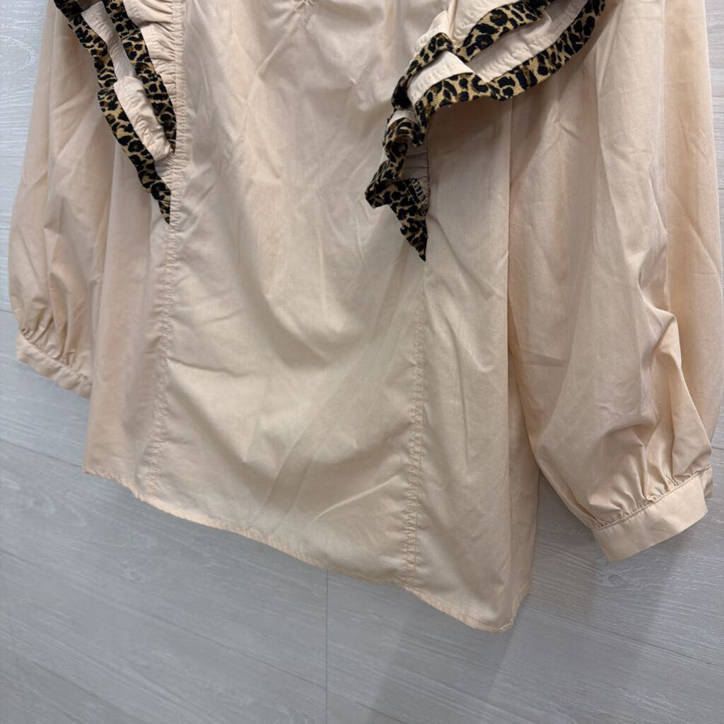 Entro Beige Leopard Trim Ruffle Detail Long Sleeve Top Small