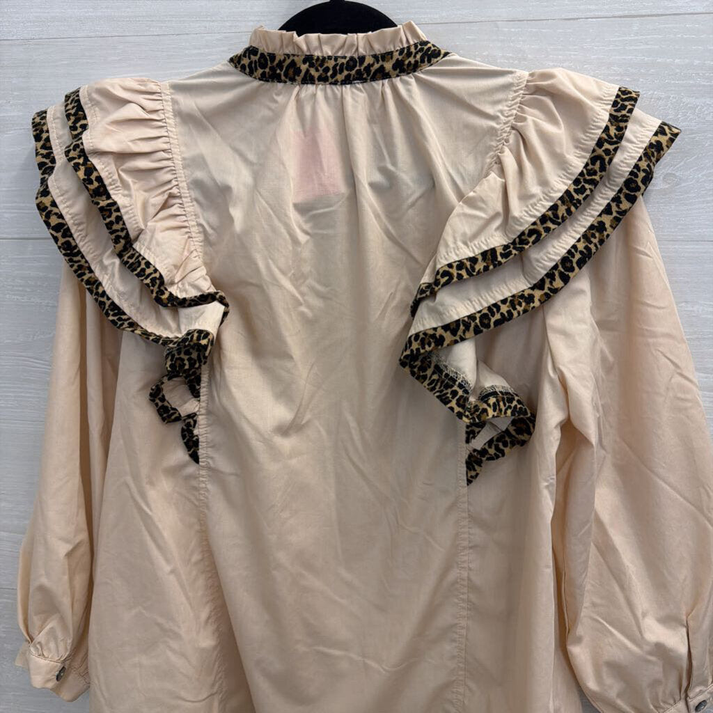 Entro Beige Leopard Trim Ruffle Detail Long Sleeve Top Small