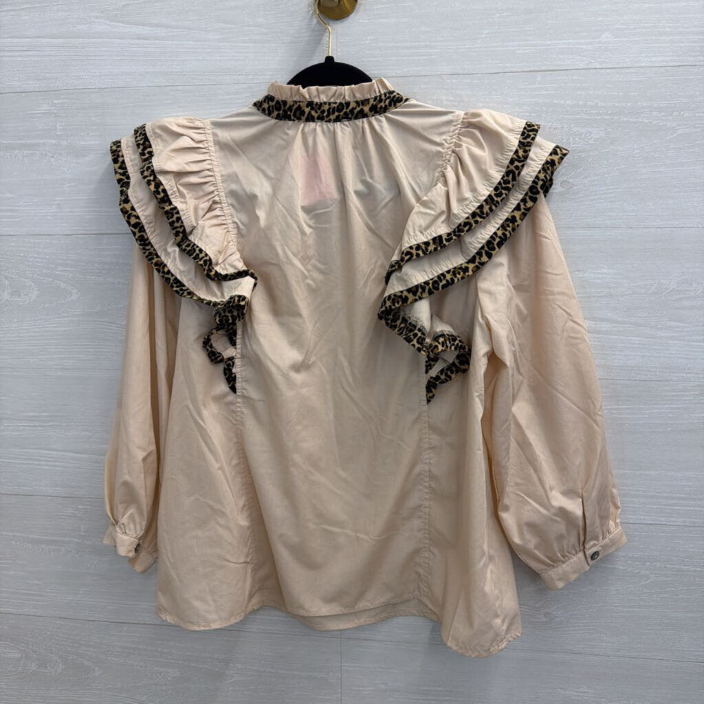 Entro Beige Leopard Trim Ruffle Detail Long Sleeve Top Small