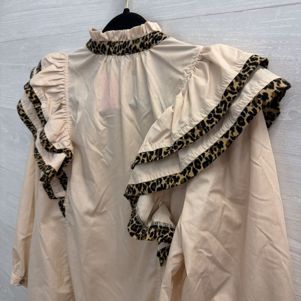 Entro Beige Leopard Trim Ruffle Detail Long Sleeve Top Small