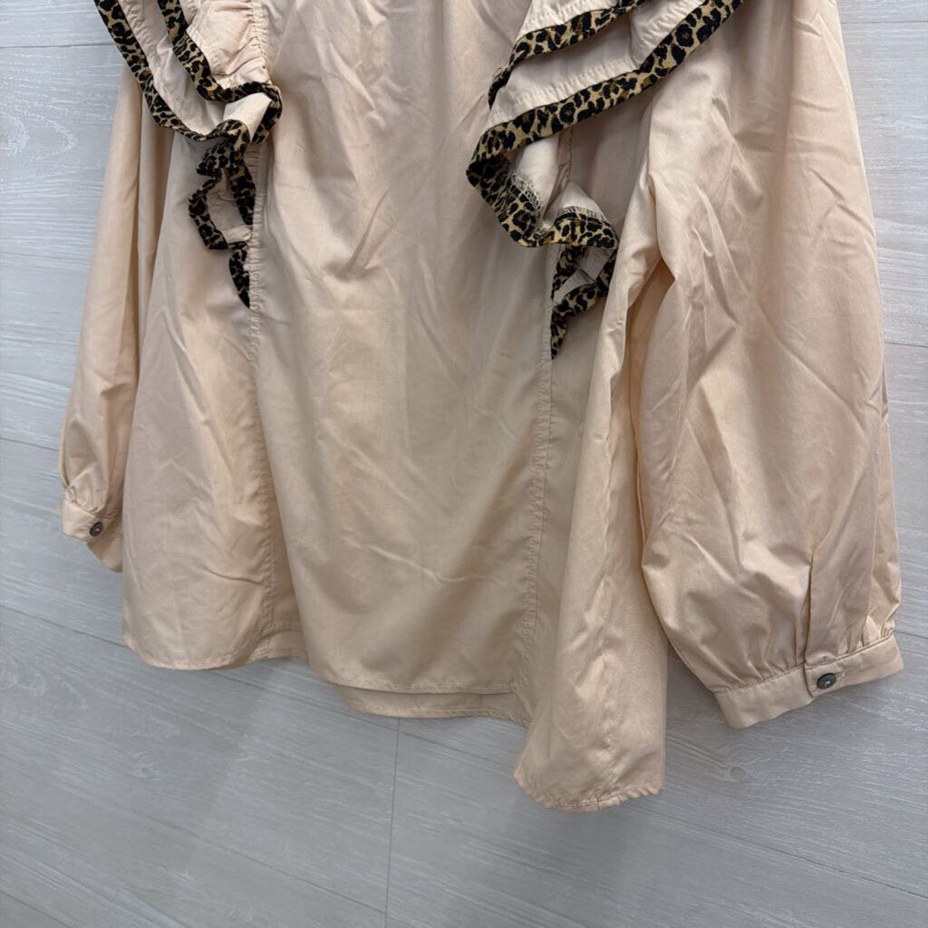 Entro Beige Leopard Trim Ruffle Detail Long Sleeve Top Small
