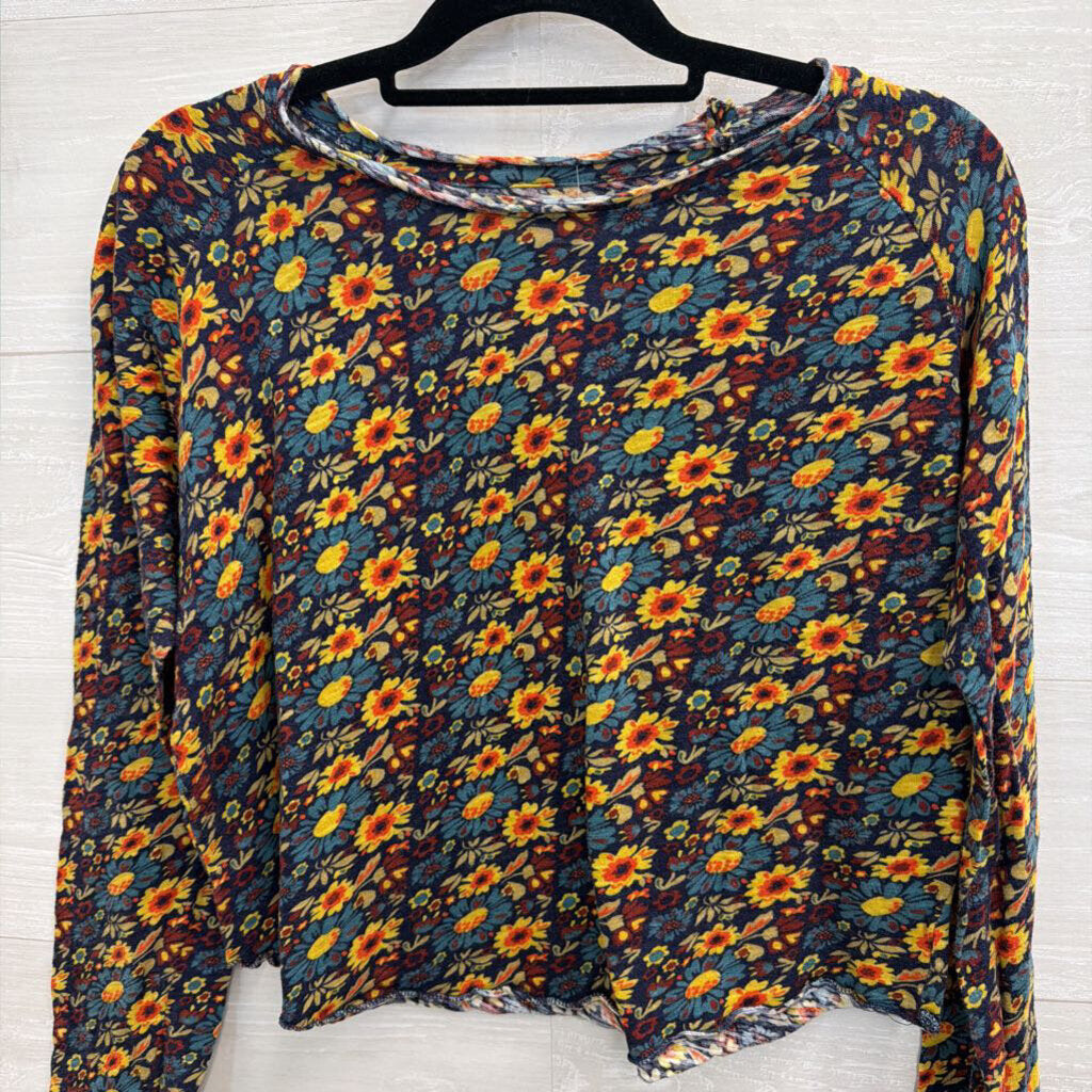 Natural Life Blue/ Yellow Print Cropped Long Sleeve Top Large