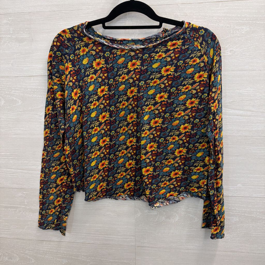 Natural Life Blue/ Yellow Print Cropped Long Sleeve Top Large