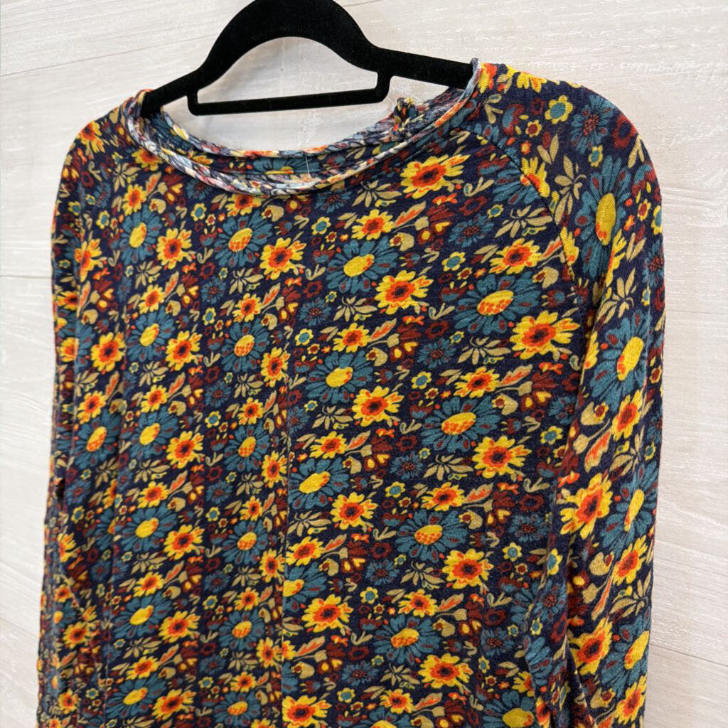 Natural Life Blue/ Yellow Print Cropped Long Sleeve Top Large