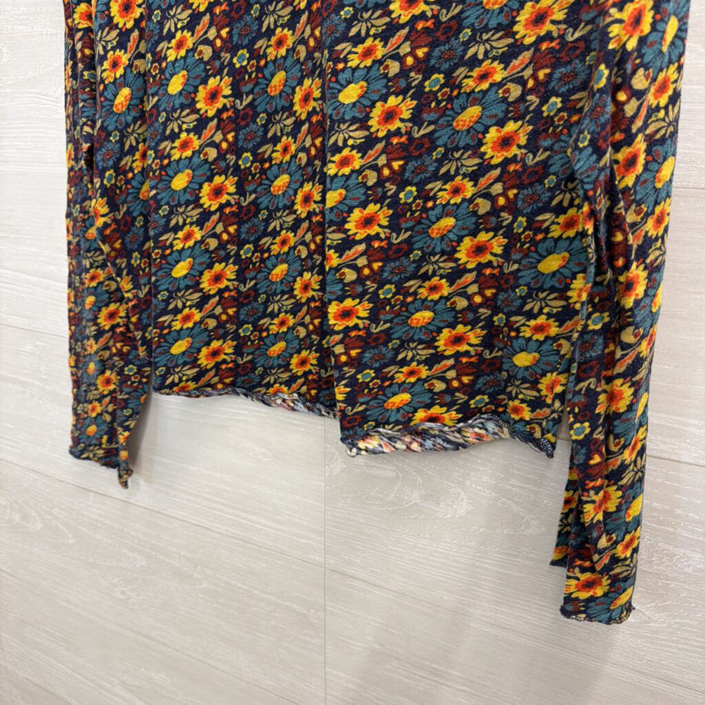Natural Life Blue/ Yellow Print Cropped Long Sleeve Top Large