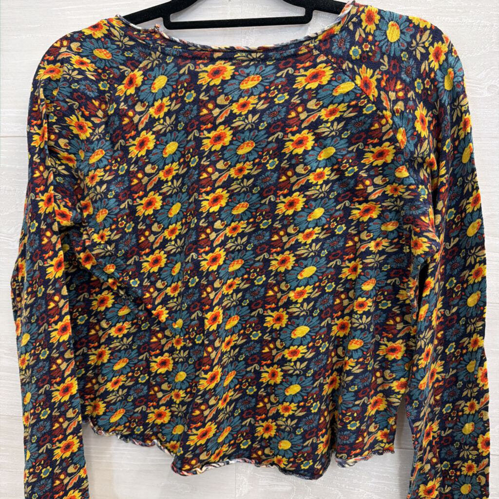 Natural Life Blue/ Yellow Print Cropped Long Sleeve Top Large