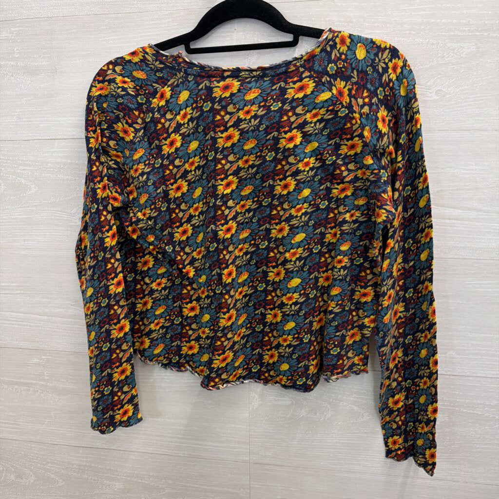 Natural Life Blue/ Yellow Print Cropped Long Sleeve Top Large