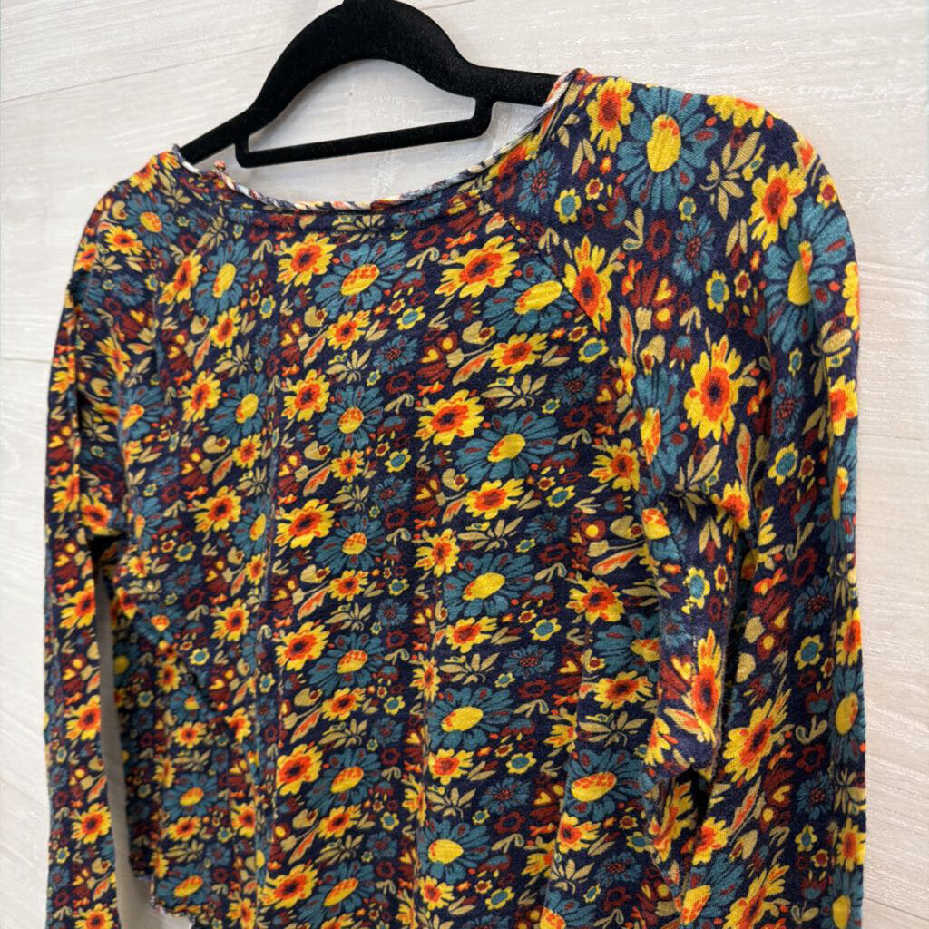 Natural Life Blue/ Yellow Print Cropped Long Sleeve Top Large
