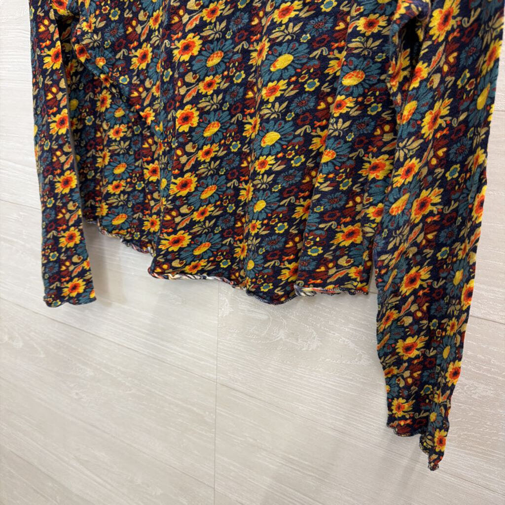Natural Life Blue/ Yellow Print Cropped Long Sleeve Top Large