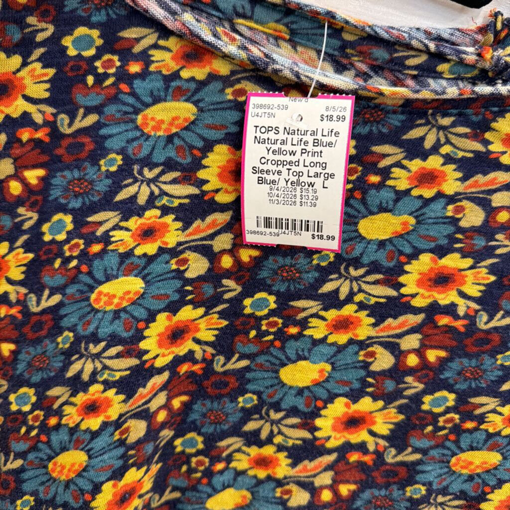Natural Life Blue/ Yellow Print Cropped Long Sleeve Top Large