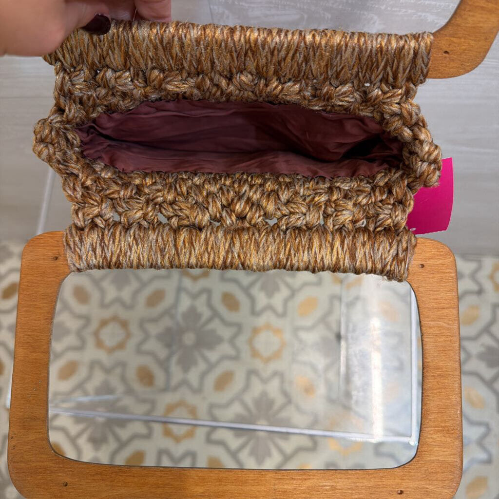 Brown Woven Wooden Handle Purse