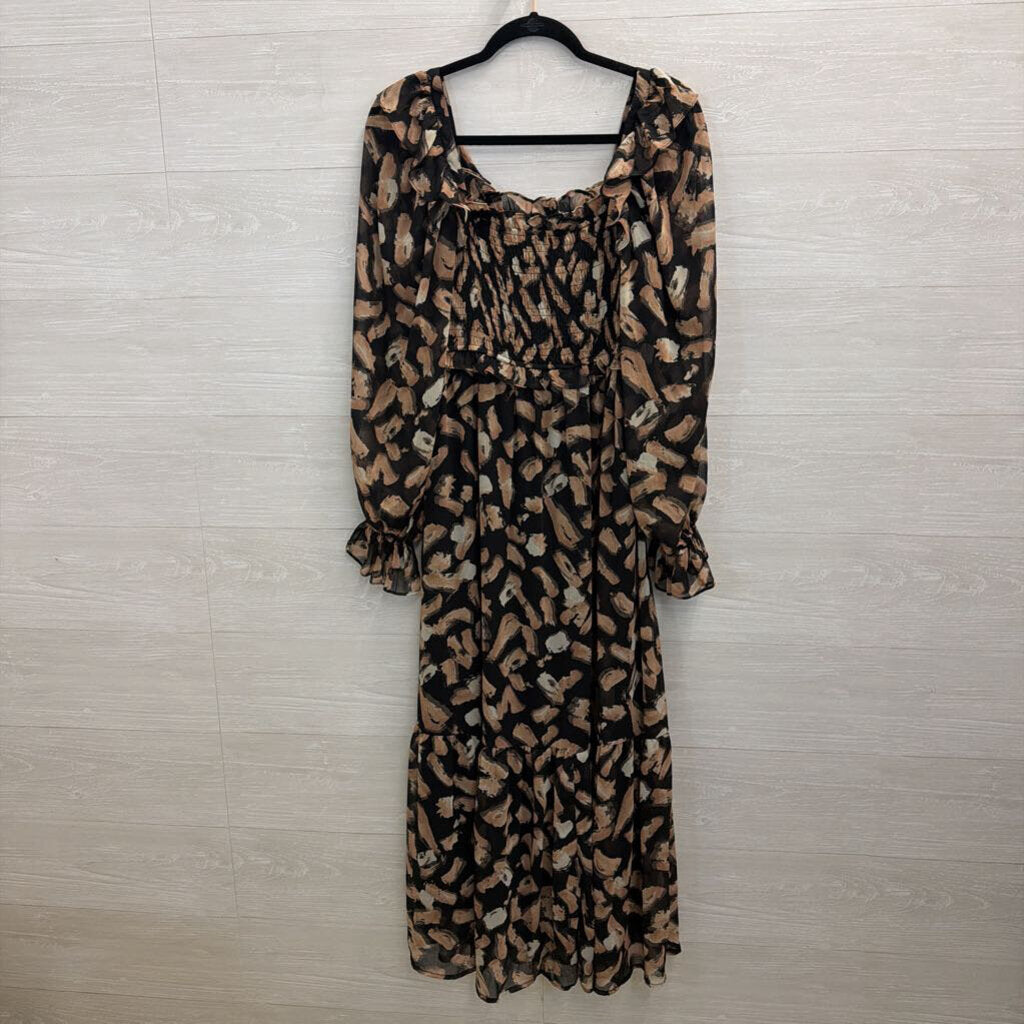 Moon River Black/ Beige Print Long Sleeve Maxi Dress Medium