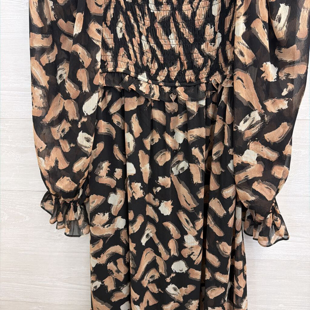 Moon River Black/ Beige Print Long Sleeve Maxi Dress Medium