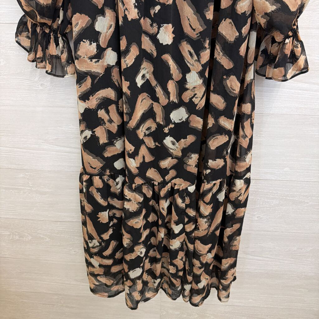 Moon River Black/ Beige Print Long Sleeve Maxi Dress Medium