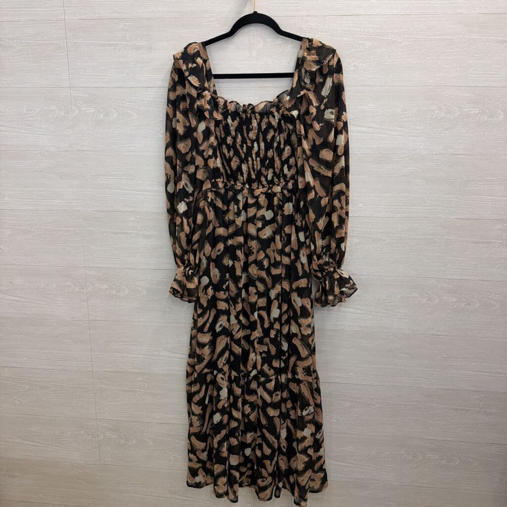 Moon River Black/ Beige Print Long Sleeve Maxi Dress Medium