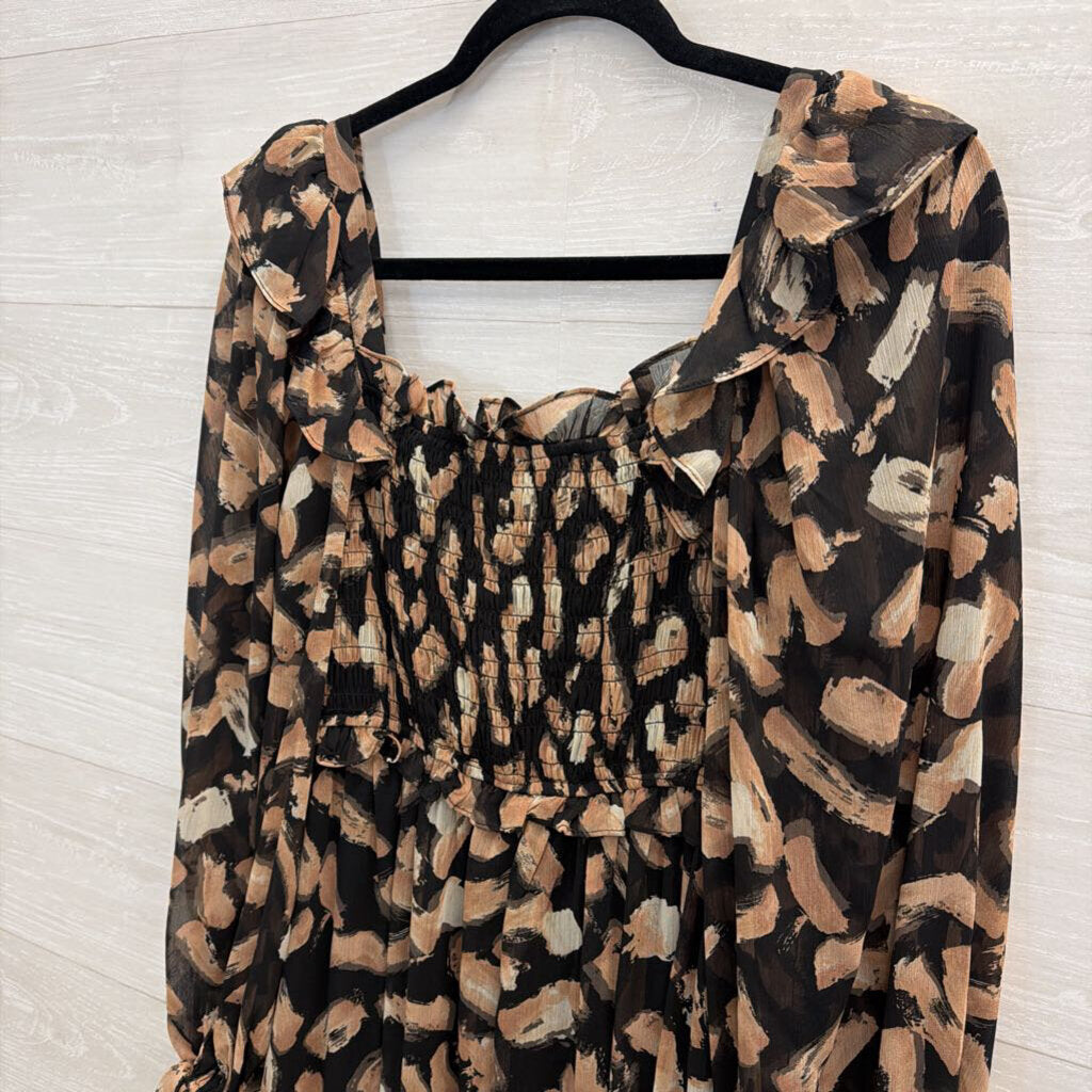 Moon River Black/ Beige Print Long Sleeve Maxi Dress Medium