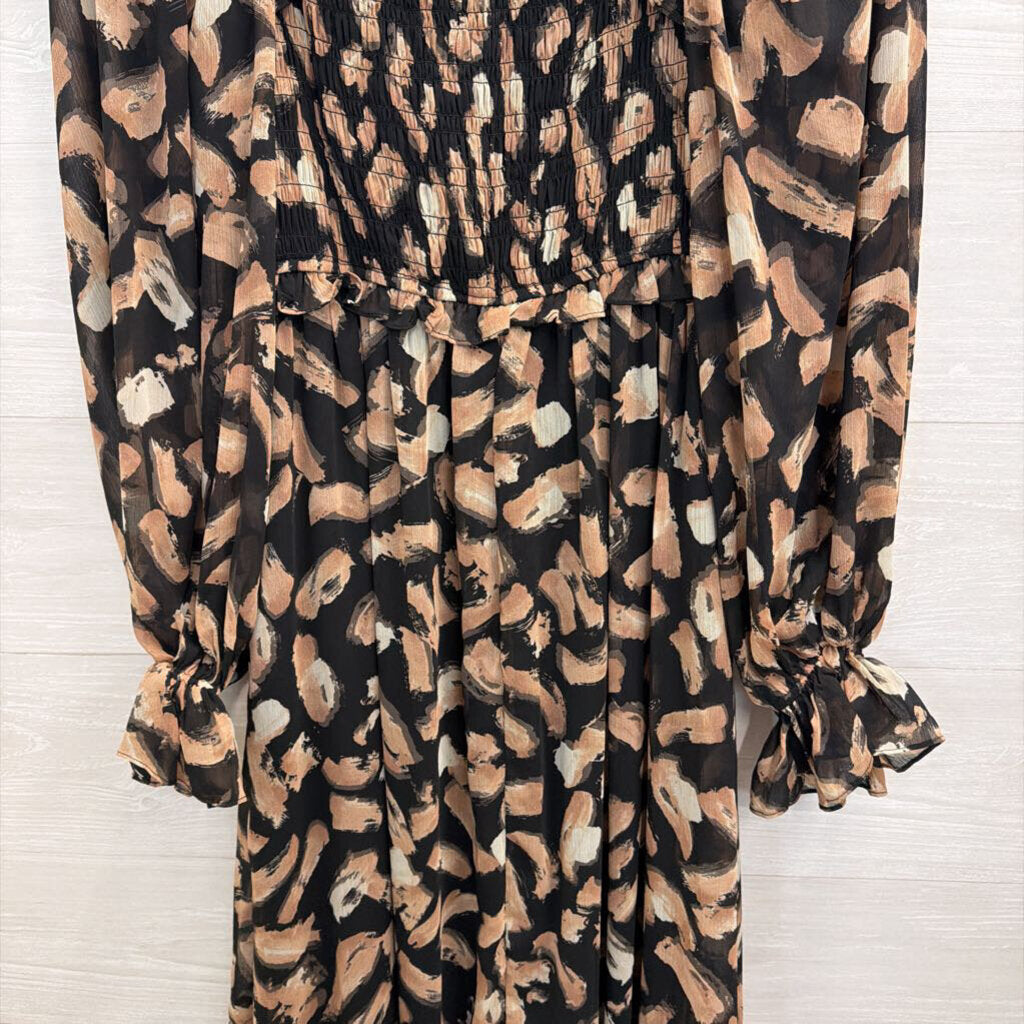 Moon River Black/ Beige Print Long Sleeve Maxi Dress Medium