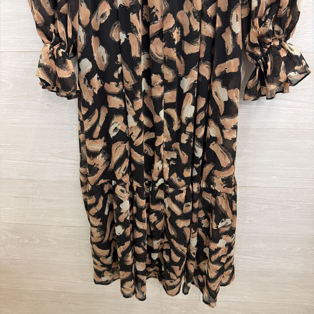 Moon River Black/ Beige Print Long Sleeve Maxi Dress Medium