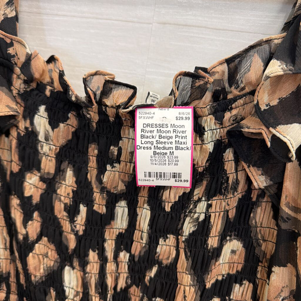 Moon River Black/ Beige Print Long Sleeve Maxi Dress Medium
