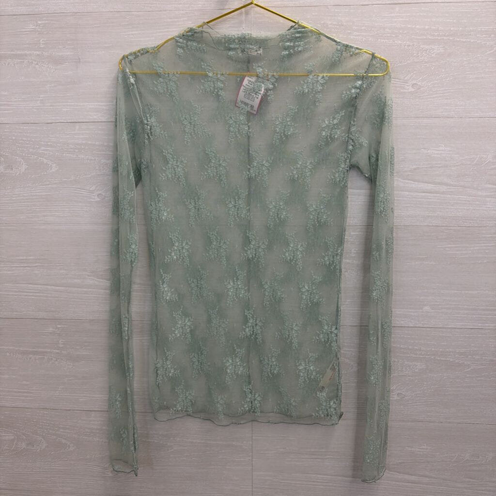 Intimately Free People Green Sheer Lace Mock Neck Long Sleeve Top Large