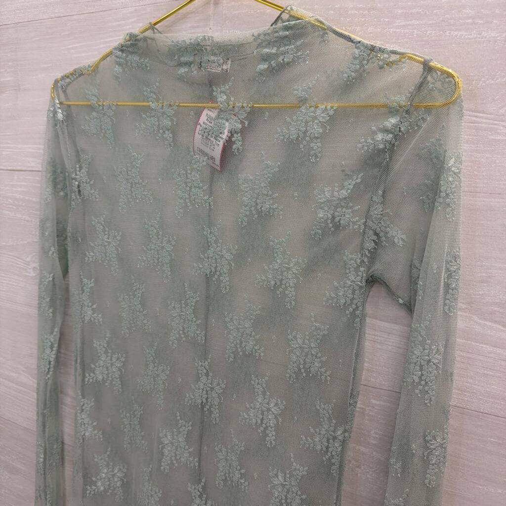 Intimately Free People Green Sheer Lace Mock Neck Long Sleeve Top Large