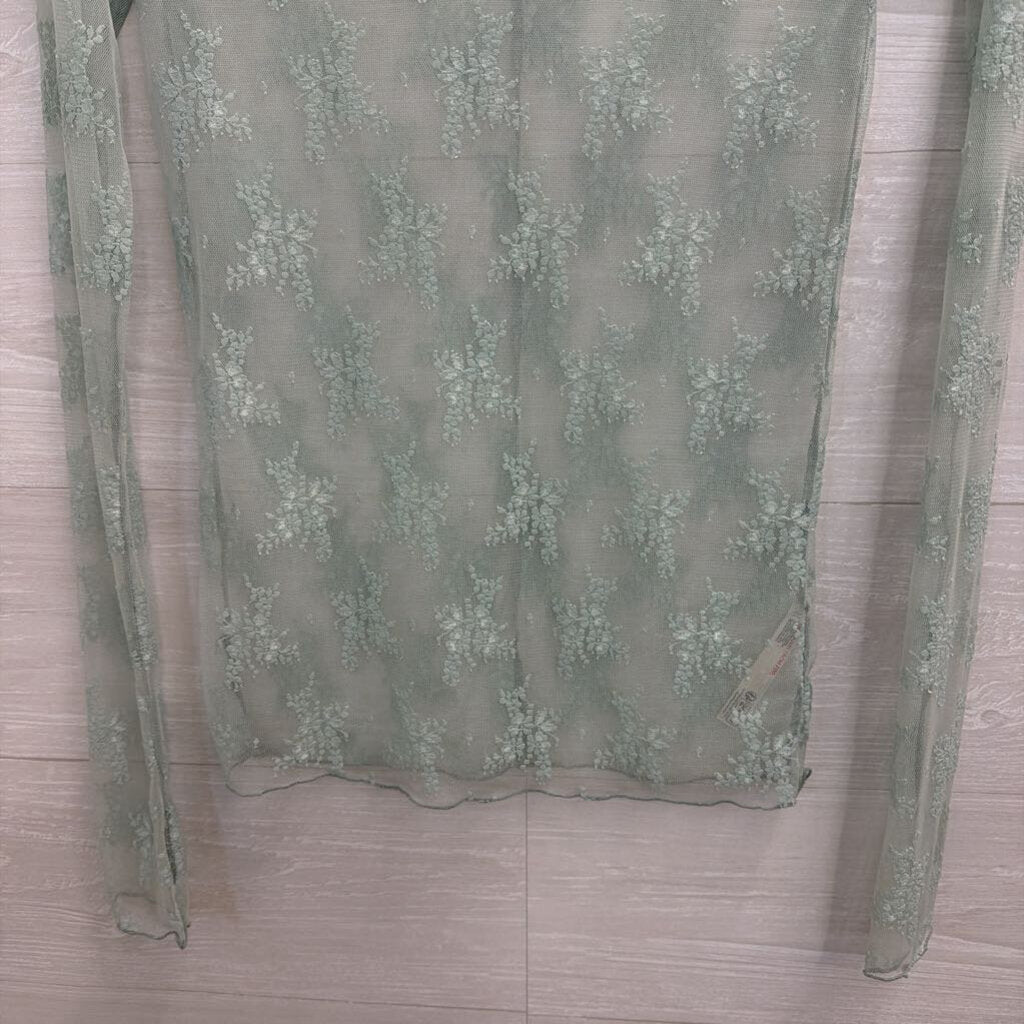 Intimately Free People Green Sheer Lace Mock Neck Long Sleeve Top Large