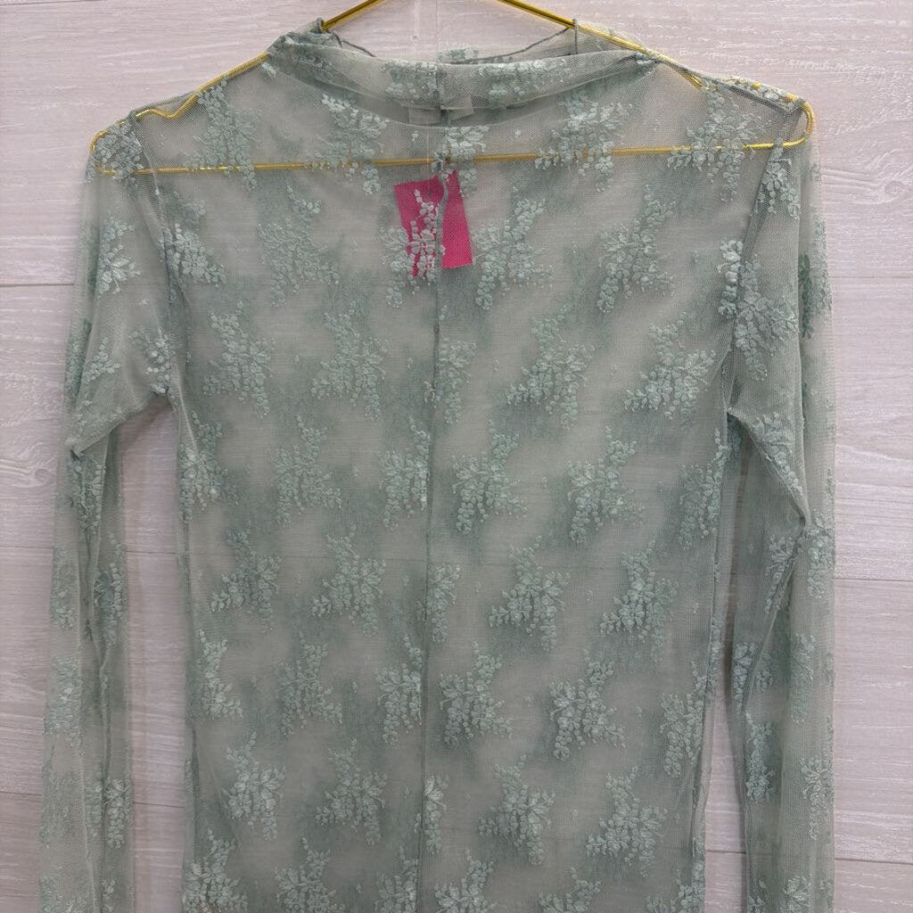 Intimately Free People Green Sheer Lace Mock Neck Long Sleeve Top Large