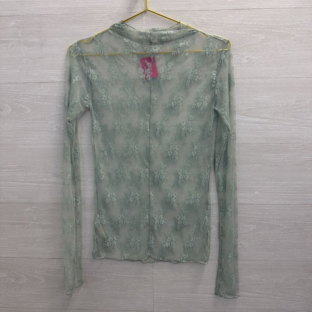 Intimately Free People Green Sheer Lace Mock Neck Long Sleeve Top Large