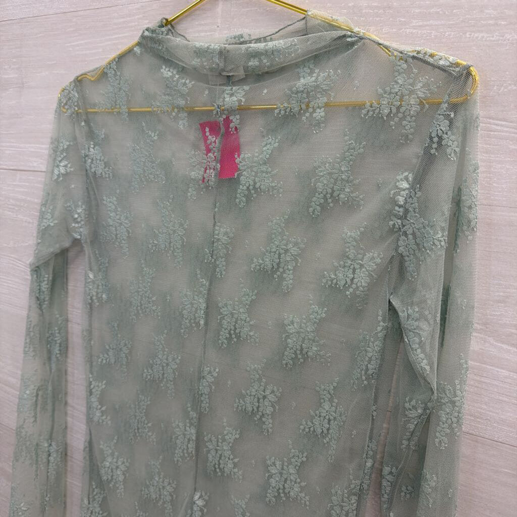Intimately Free People Green Sheer Lace Mock Neck Long Sleeve Top Large