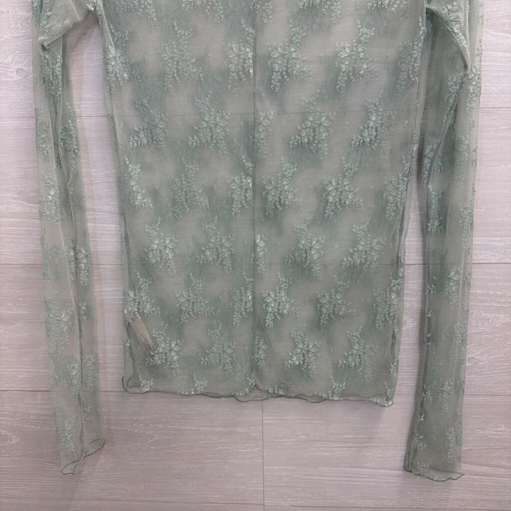 Intimately Free People Green Sheer Lace Mock Neck Long Sleeve Top Large