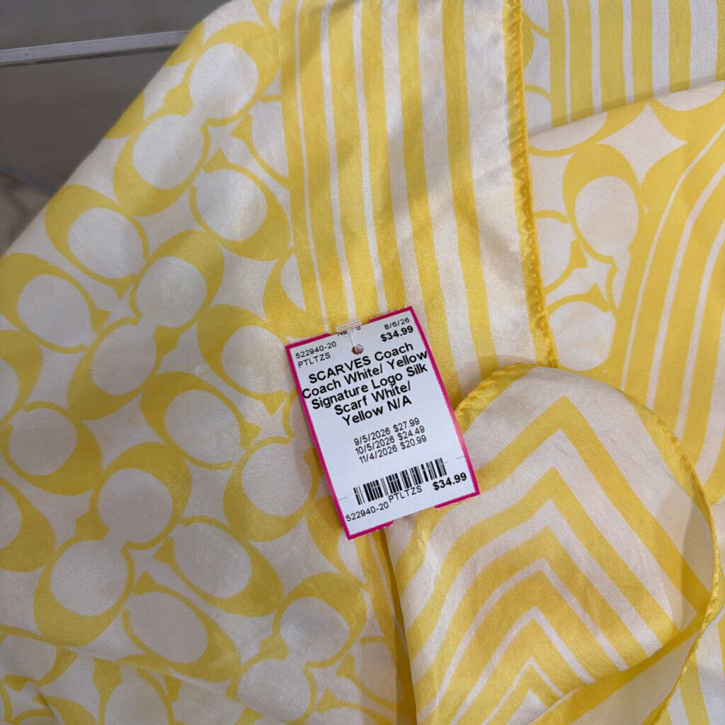 Coach White/ Yellow Signature Logo Silk Scarf