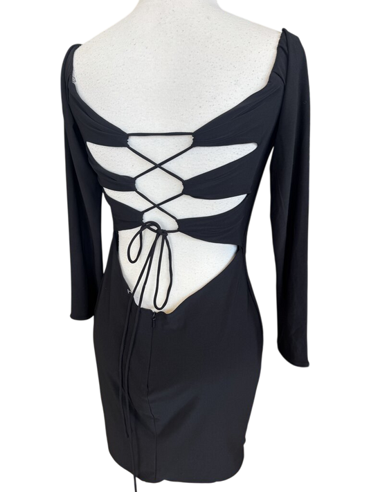La Femme Black Long Sleeve Lace Up Back Short Formal Dress 6