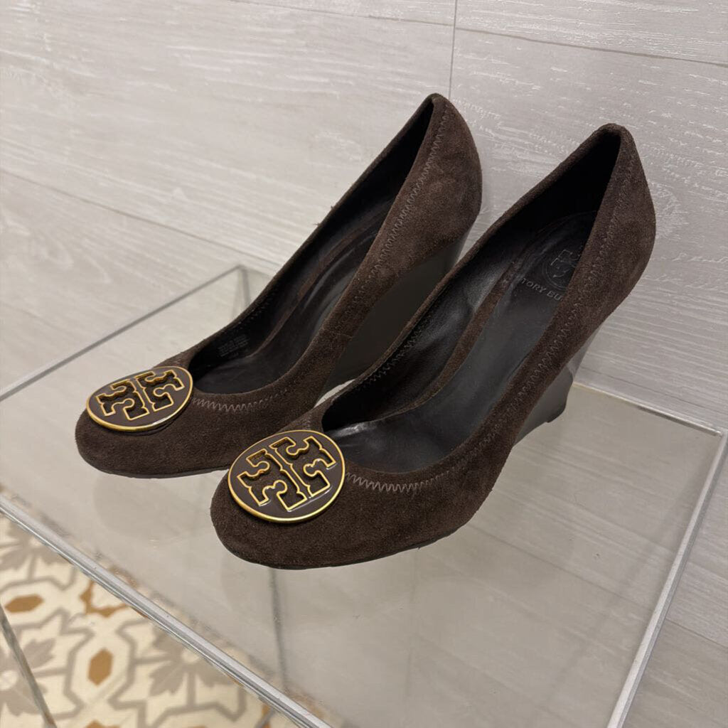 Tory Burch Brown Suede Sally Wedge Pumps 8.5