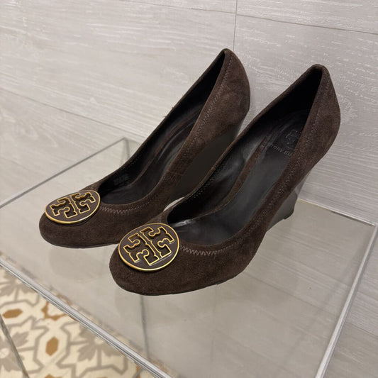 Tory Burch Brown Suede Sally Wedge Pumps 8.5