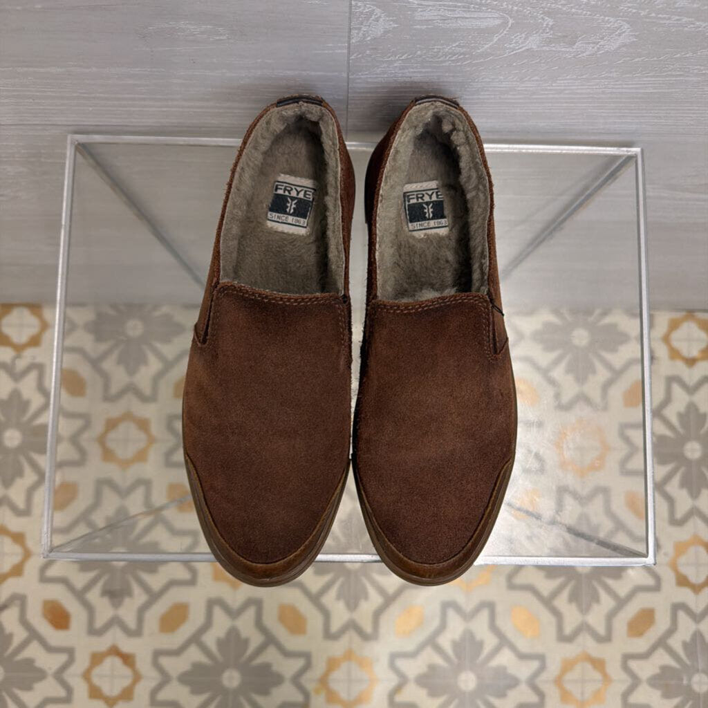 Frye Brown Suede Shearling Lined Gemma Slip On Loafers 6.5