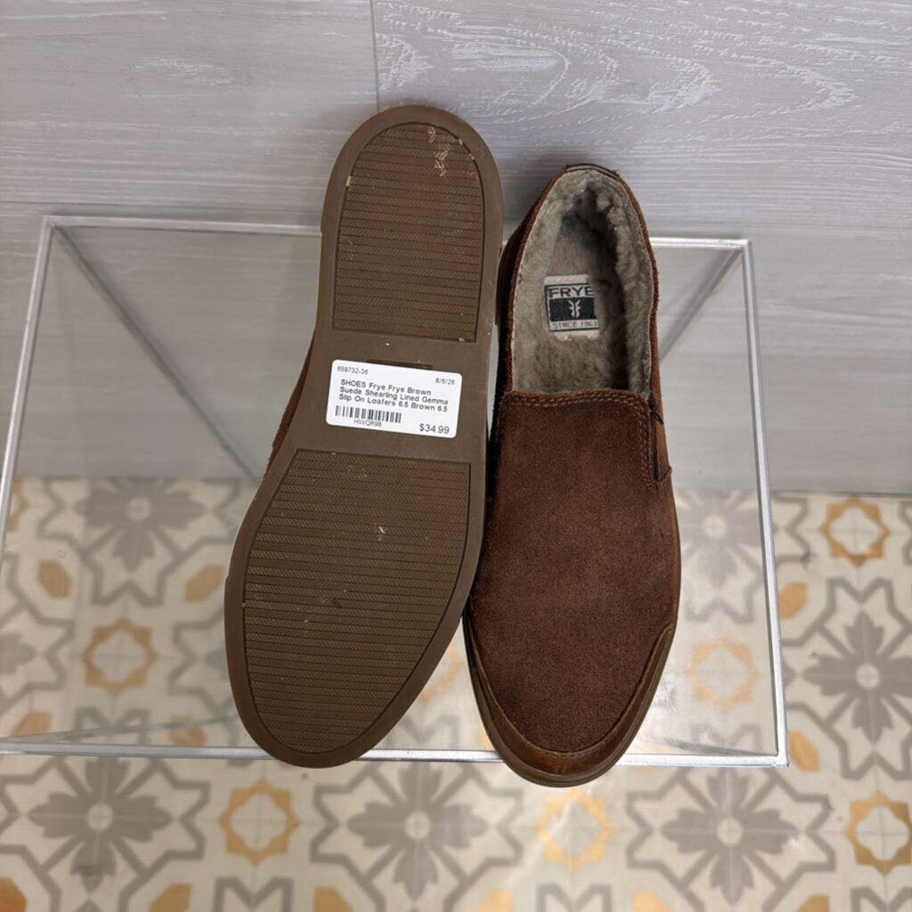 Frye Brown Suede Shearling Lined Gemma Slip On Loafers 6.5
