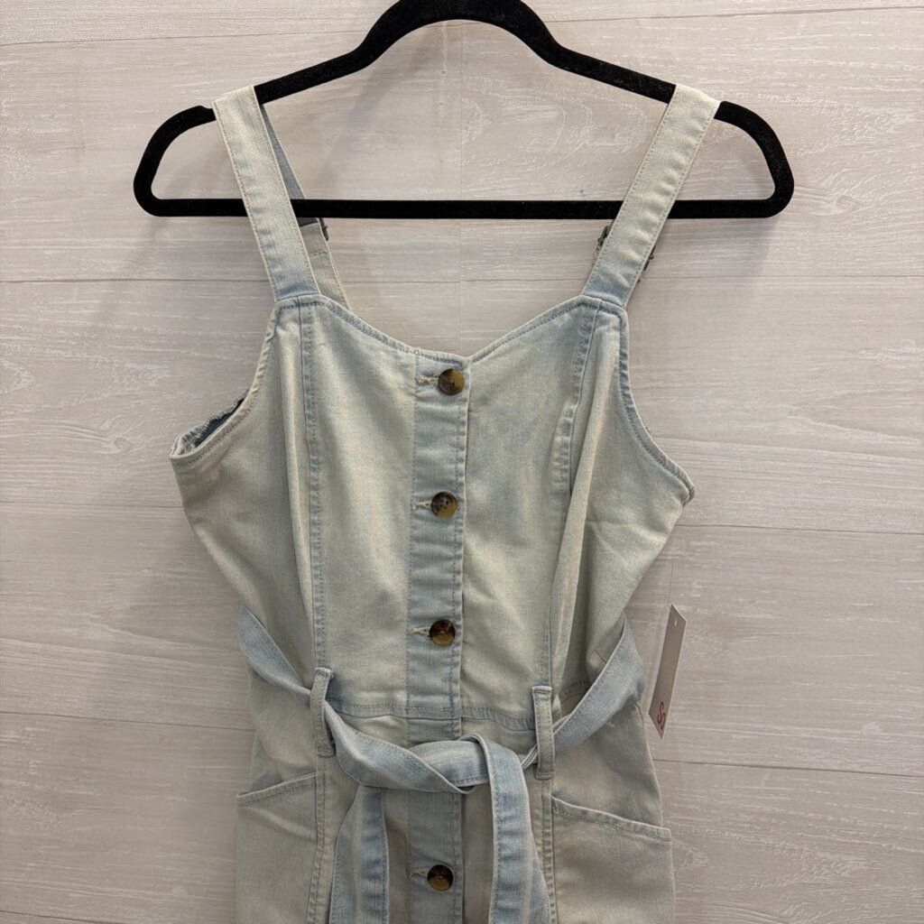 SO Light Wash Button Front Tie Waist Denim Dress Medium