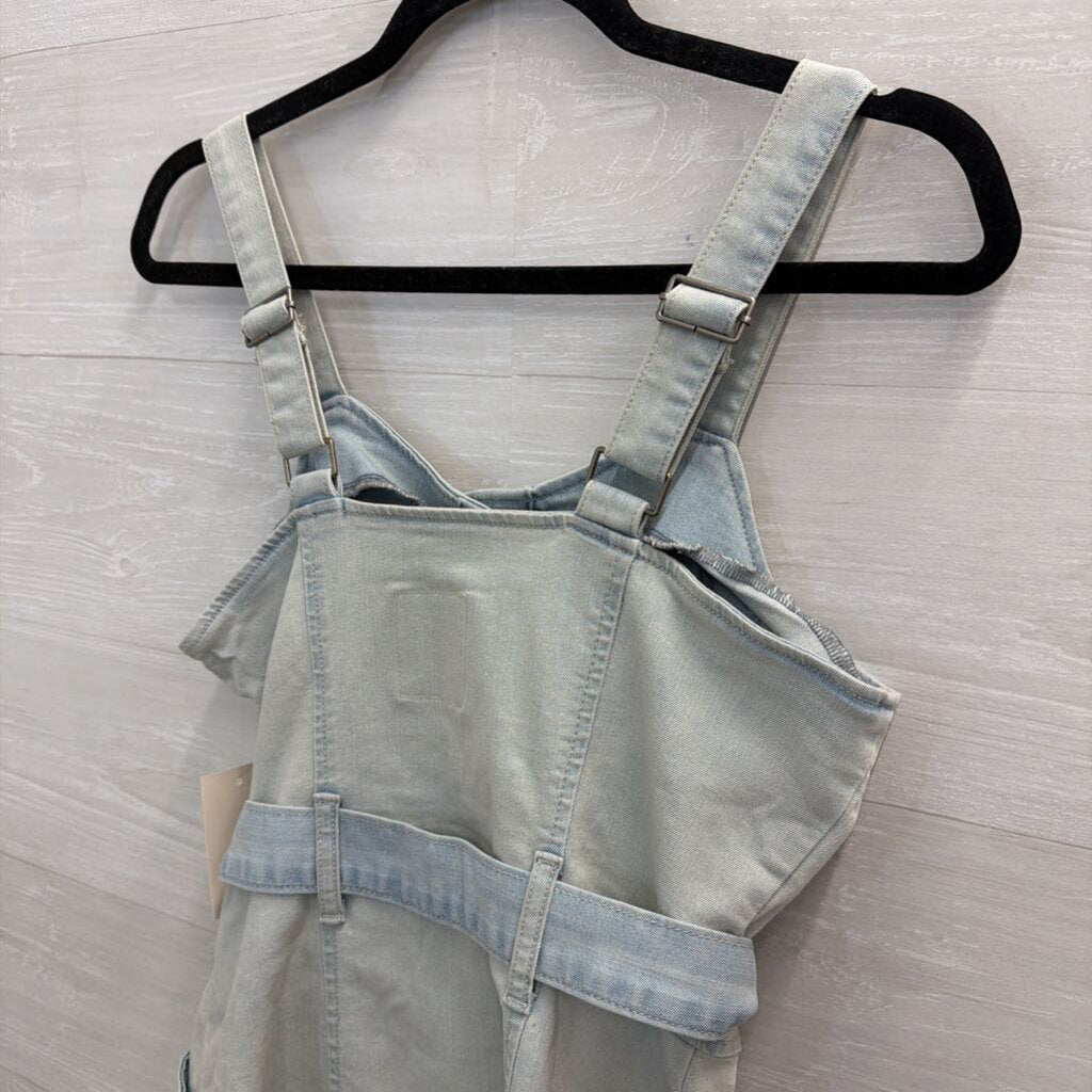 SO Light Wash Button Front Tie Waist Denim Dress Medium