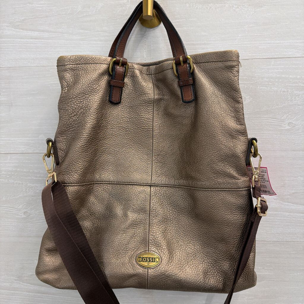 Fossil Metallic Bronze Leather Explorer Tote Purse