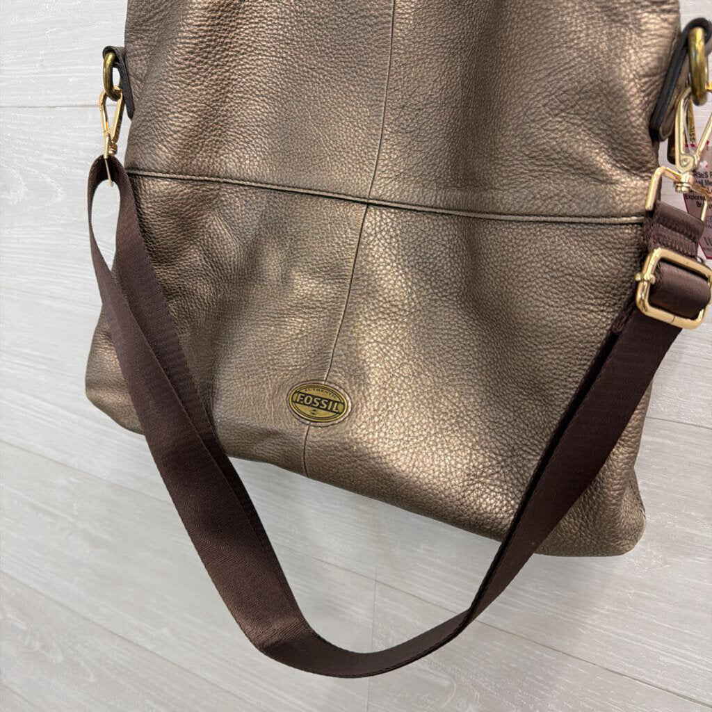 Fossil Metallic Bronze Leather Explorer Tote Purse