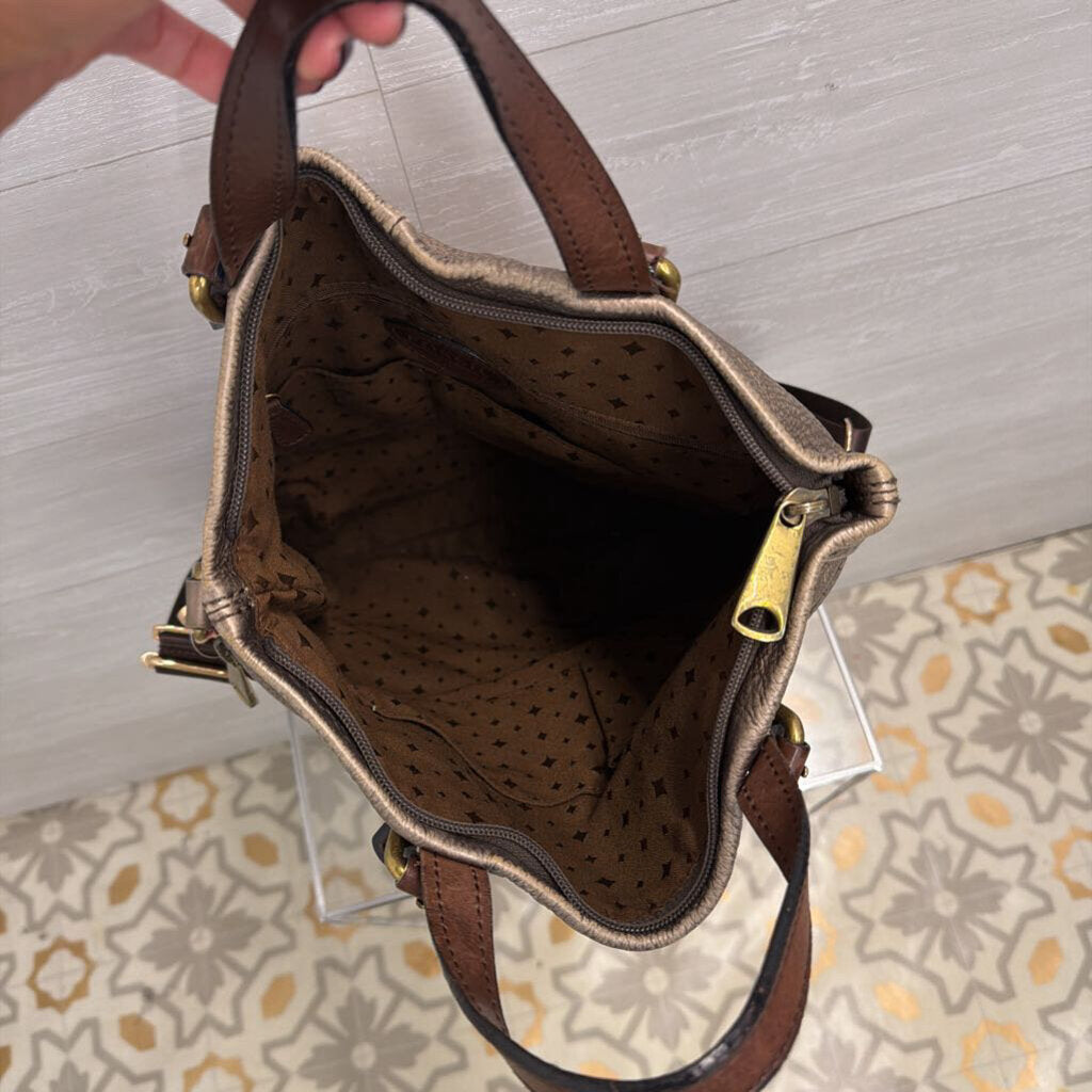 Fossil Metallic Bronze Leather Explorer Tote Purse