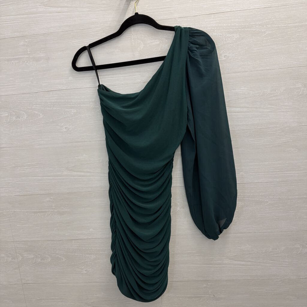 Hello Molly Green Long One Shoulder Ruched Dress Small