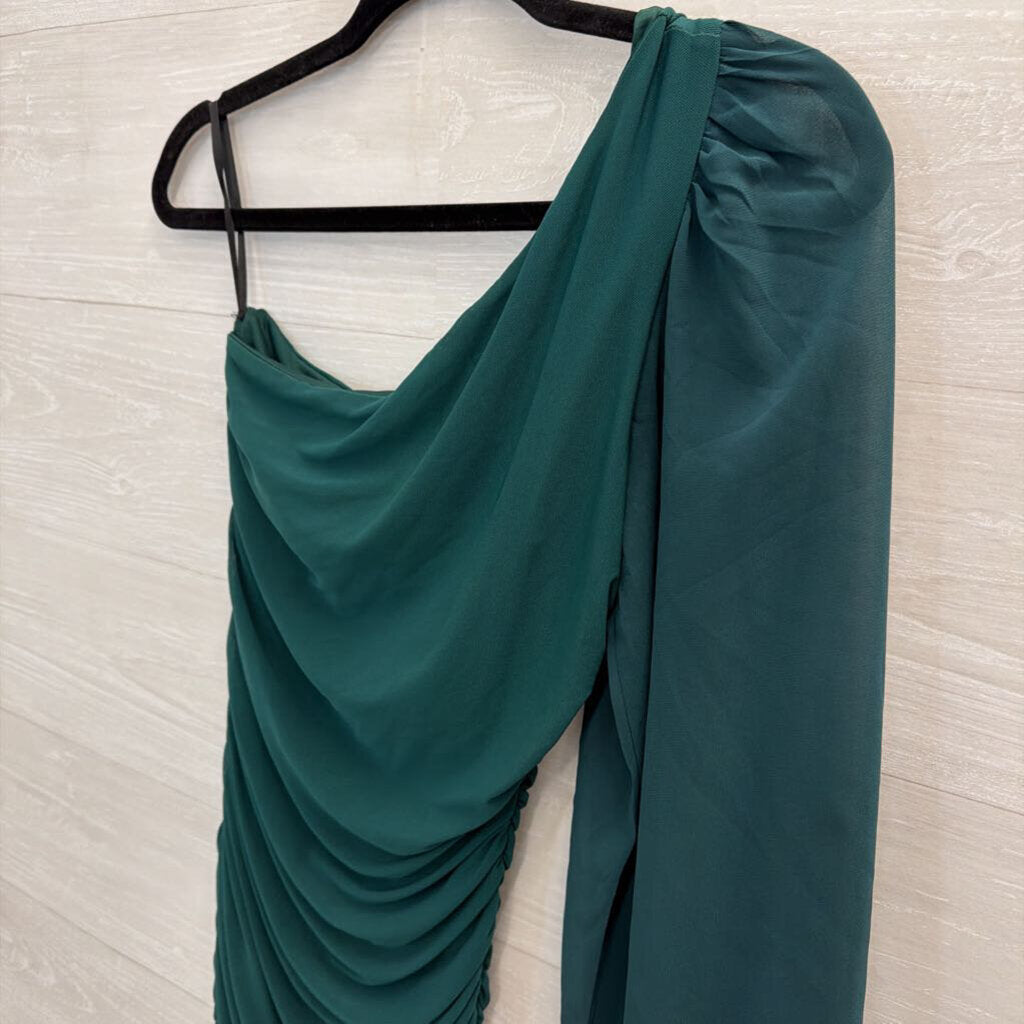 Hello Molly Green Long One Shoulder Ruched Dress Small