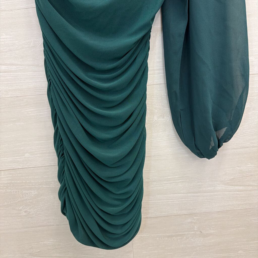 Hello Molly Green Long One Shoulder Ruched Dress Small