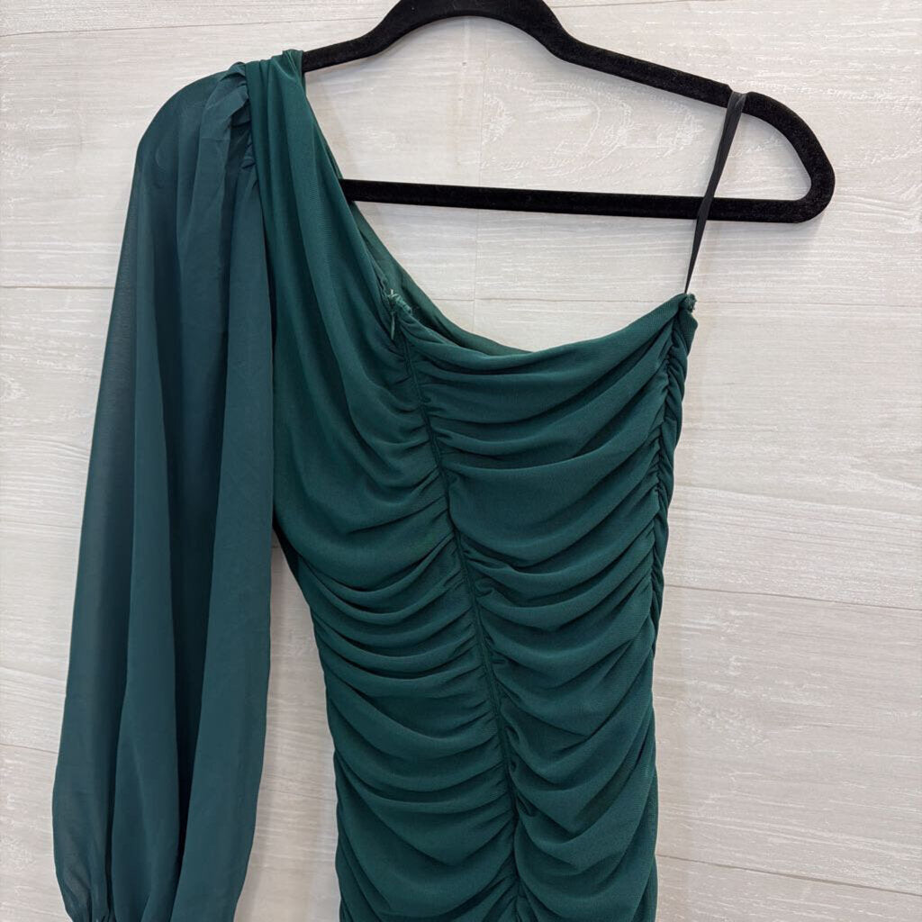 Hello Molly Green Long One Shoulder Ruched Dress Small