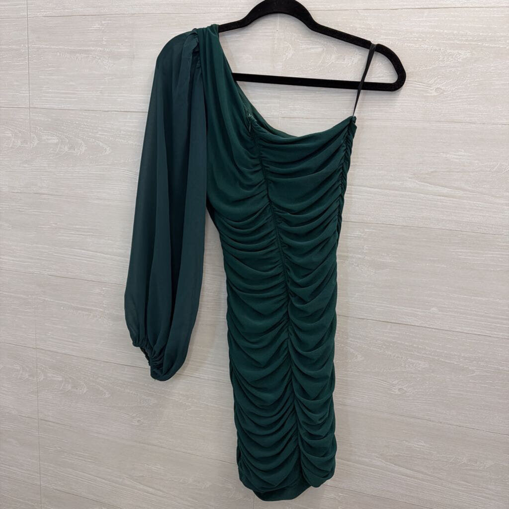 Hello Molly Green Long One Shoulder Ruched Dress Small