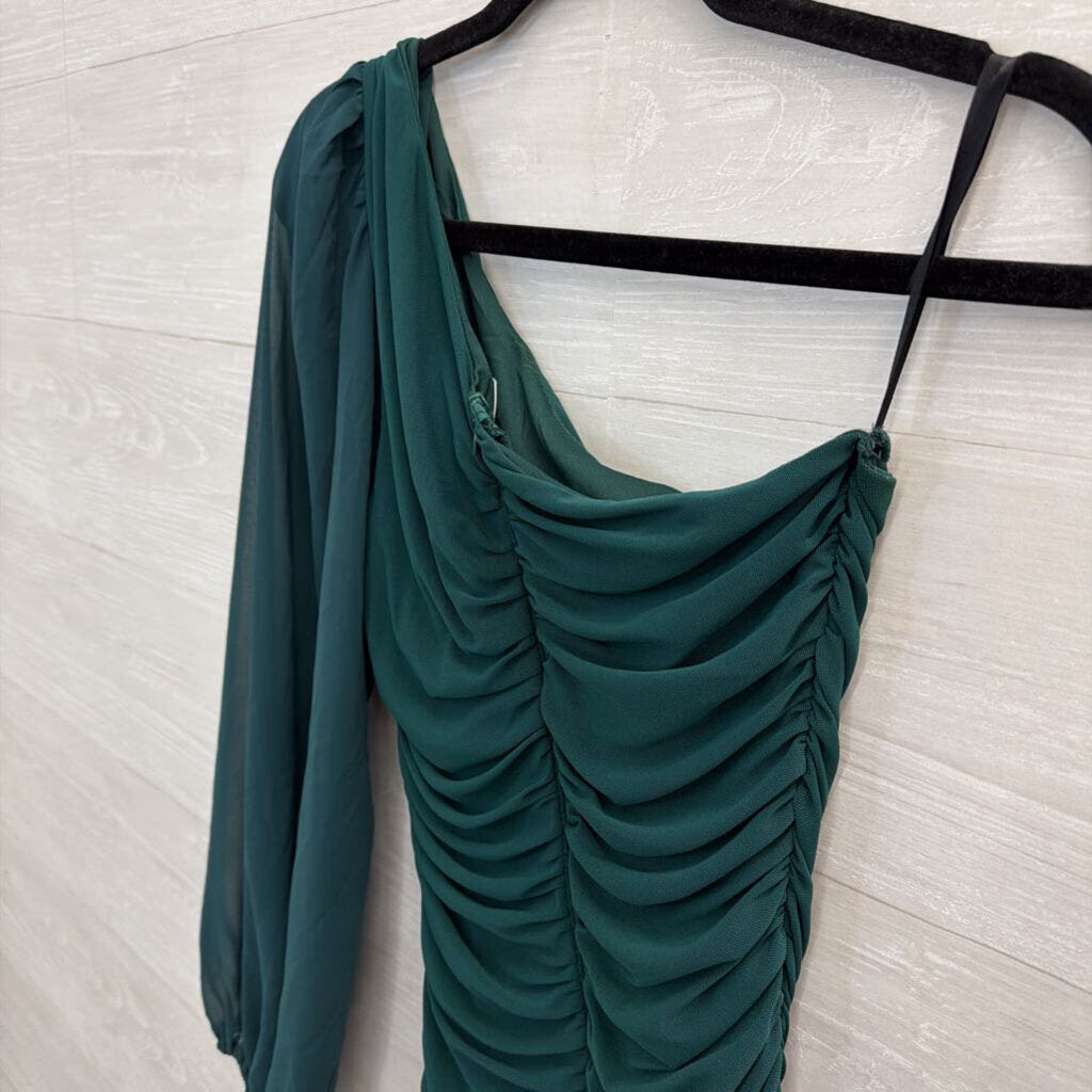 Hello Molly Green Long One Shoulder Ruched Dress Small