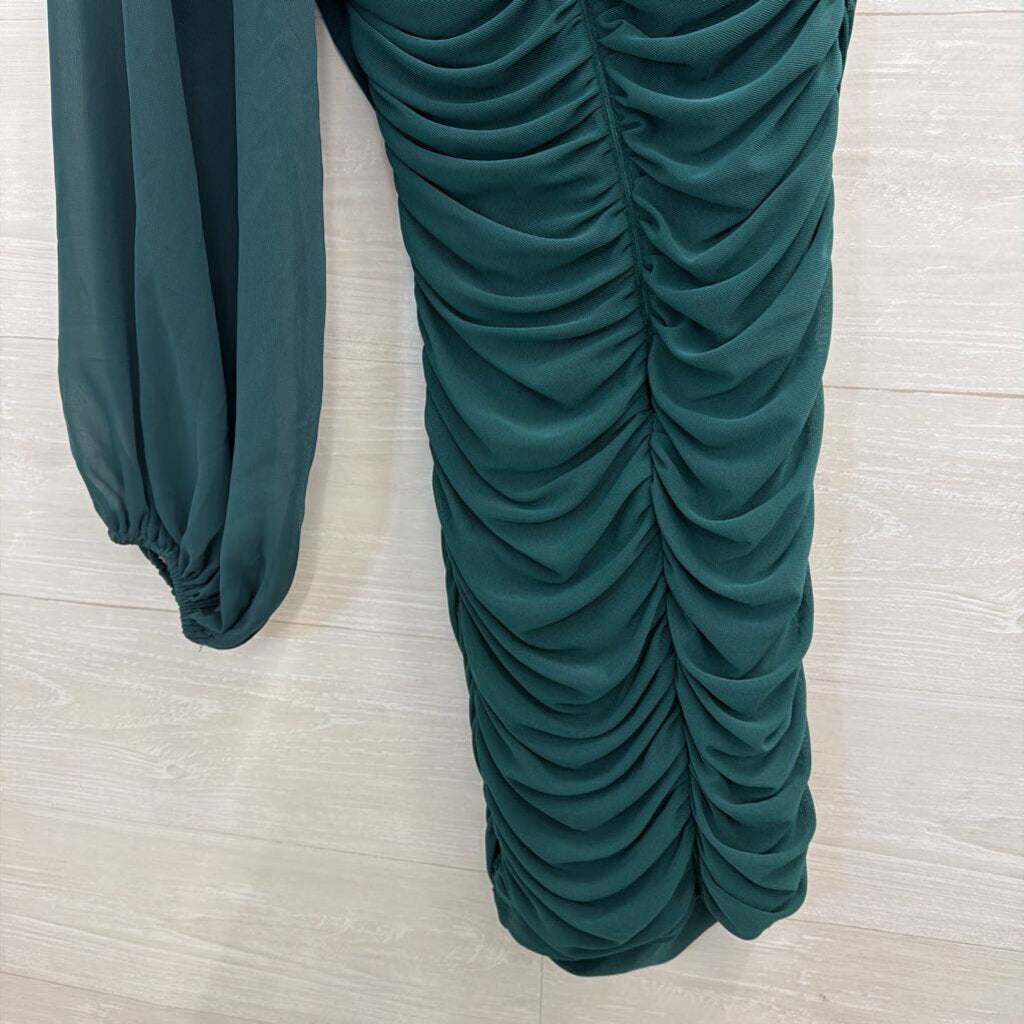 Hello Molly Green Long One Shoulder Ruched Dress Small