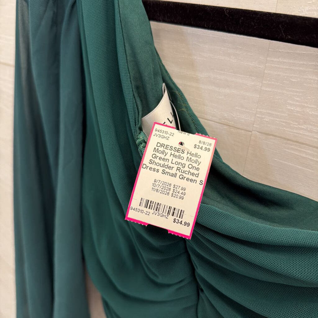 Hello Molly Green Long One Shoulder Ruched Dress Small