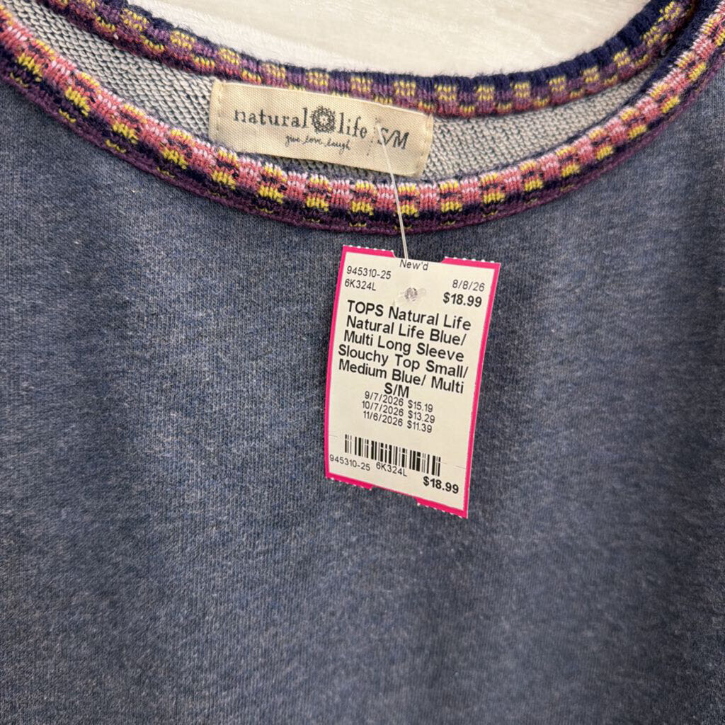Natural Life Blue/ Multi Long Sleeve Slouchy Top Small/ Medium